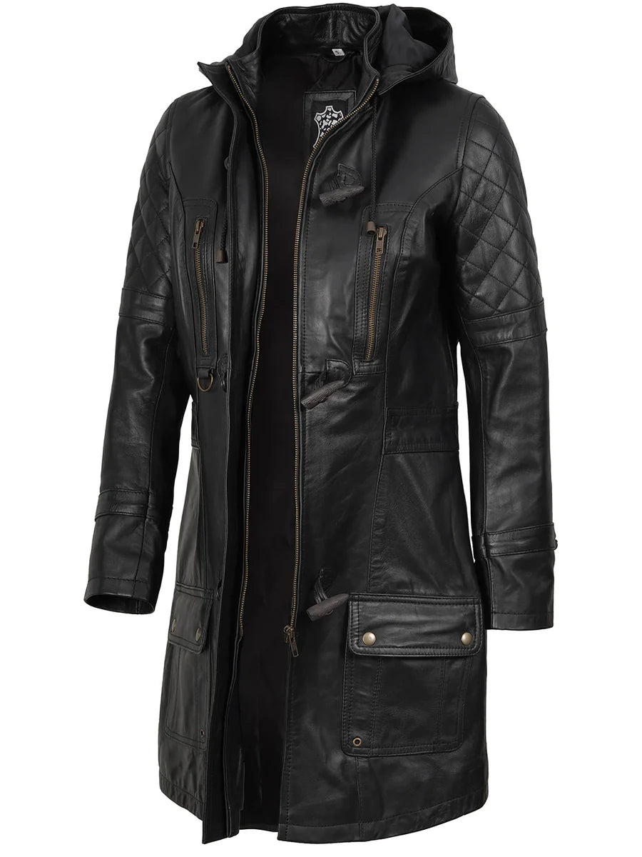 Women’s Black 3/4 Length Leather Coat With Hood